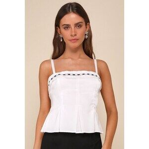 Lulus Charming Design White Crochet Lace Pleated Ribbon Tank Top - Size M